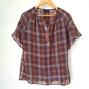 AUW Women Top Sheer Plaid Multicolor Size M Short Sleeve NWOT